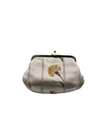 A small kiss-lock coin purse in a light beige or cream satin-like fabric, featuring vertical gold stripes and a prominent embroidered yellow and green flower on the front, with a dark green velvet trim along the top.