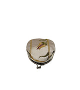 A small vintage-style coin purse with a cream satin fabric cover featuring embroidered floral details in green, yellow, and red, framed by a silver-tone metal clasp.